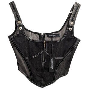Maniere De Voir Two-Tone Denim Corset Top, Black & Gray, Size 10, NWT